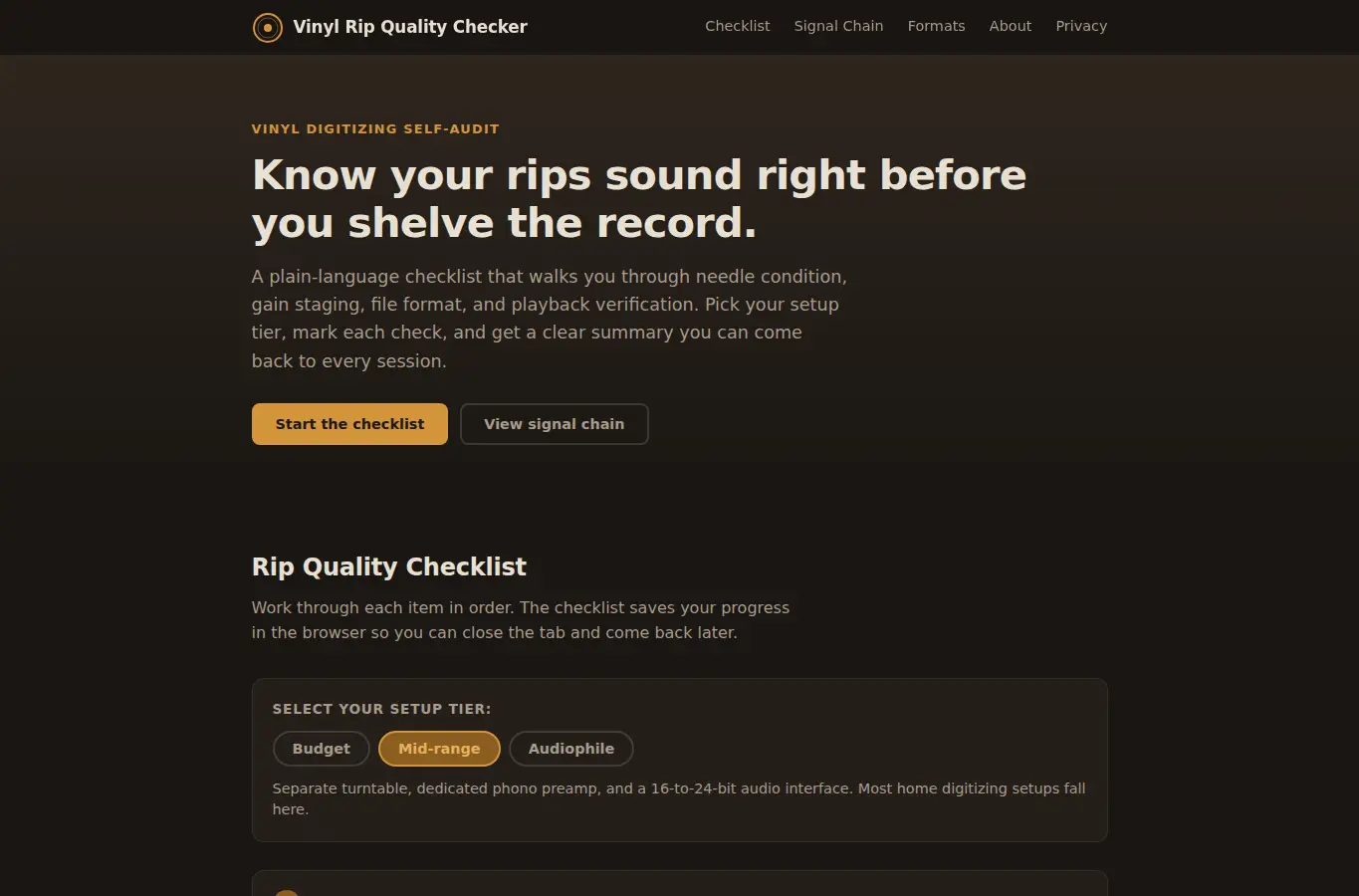 Screenshot of Vinyl Rip Quality Checker interface showing the project page in use